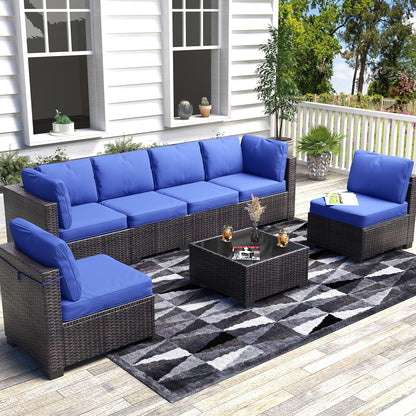7 Pieces Outdoor Patio Furniture Sets, Rattan Conversation Set with Sectional Sofa, Chairs and Coffee Table, Waterproof Patio Conversation Sets (Brown & Navy Blue)