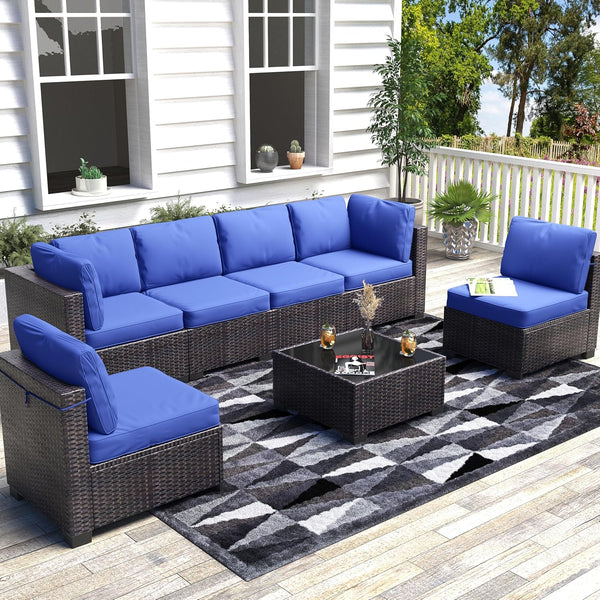 7 Pieces Outdoor Patio Furniture Sets, Rattan Conversation Set with Sectional Sofa, Chairs and Coffee Table, Waterproof Patio Conversation Sets (Brown & Navy Blue)