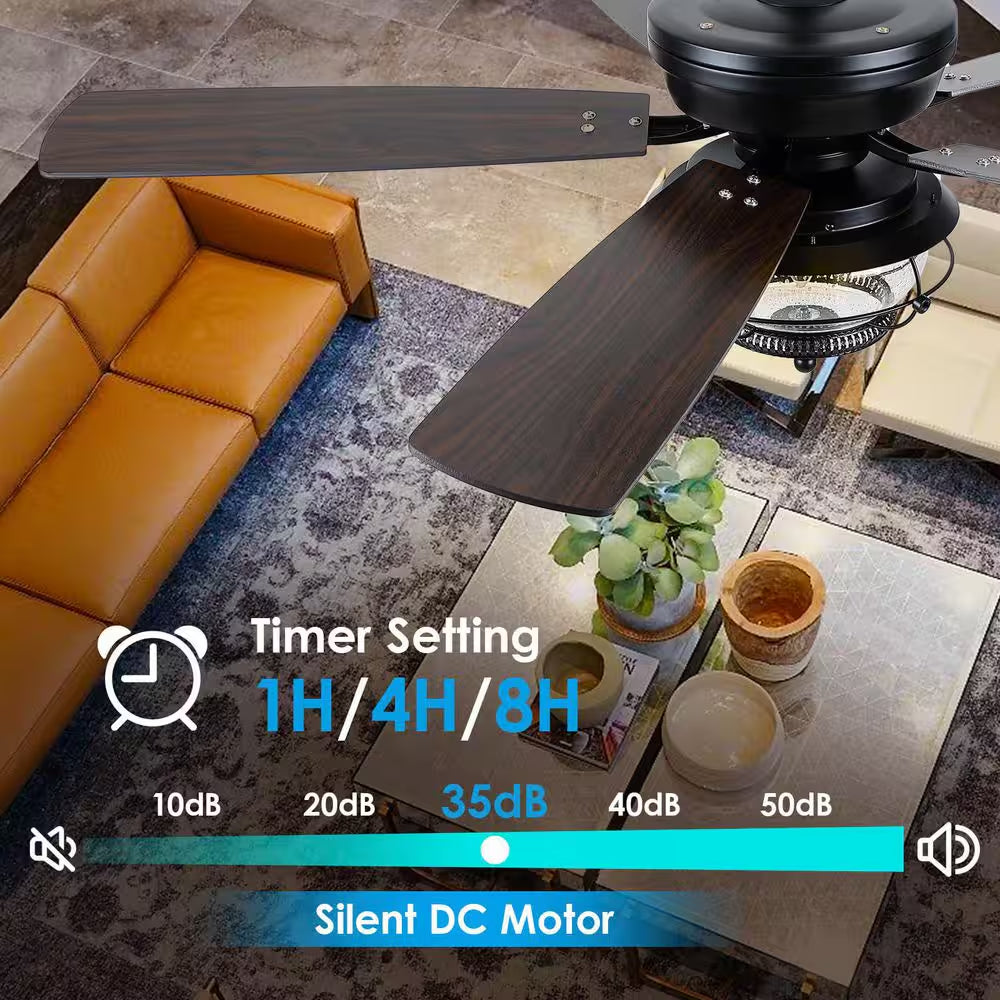 52 In. Indoor/Outdoor Black Ceiling Fans with Light and Remote-Wet Rated for Patios Gazebos