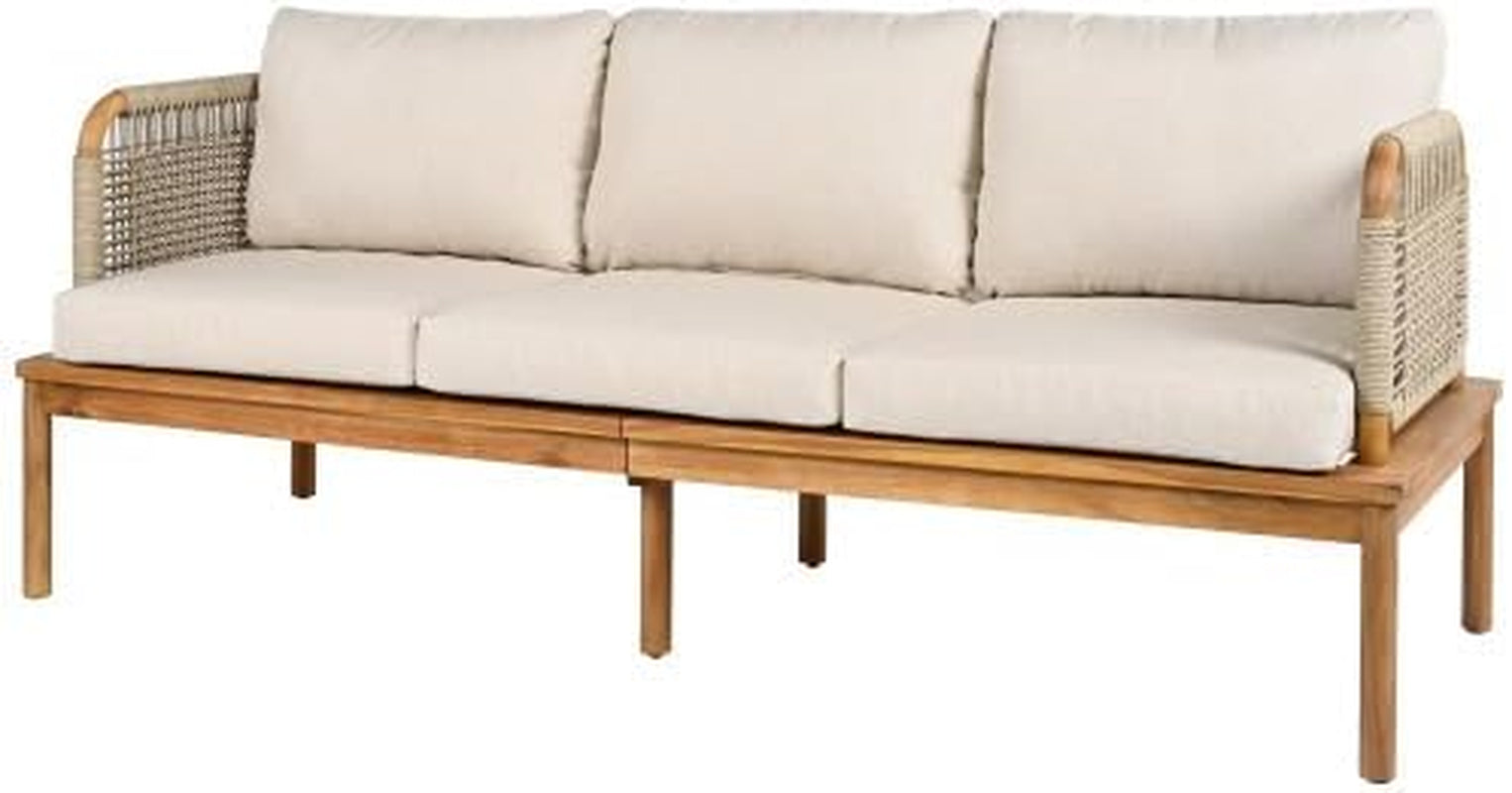 Coby 5-Piece Acacia Wood Patio Furniture Set, Outdoor Conversation Sofa Set with Club Chair, Coffee Table and Ottoman, Patio Sectional Chat Set for Backyard/Balcony, Teak+Beige