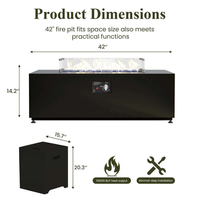 42 Inch Outdoor Fire Pit Table for outside Patio, 55000BTU Rectangle Propane Firepit with Hidden Fuel Tank, Glass Wind Guard, Waterproof Cover and Lid