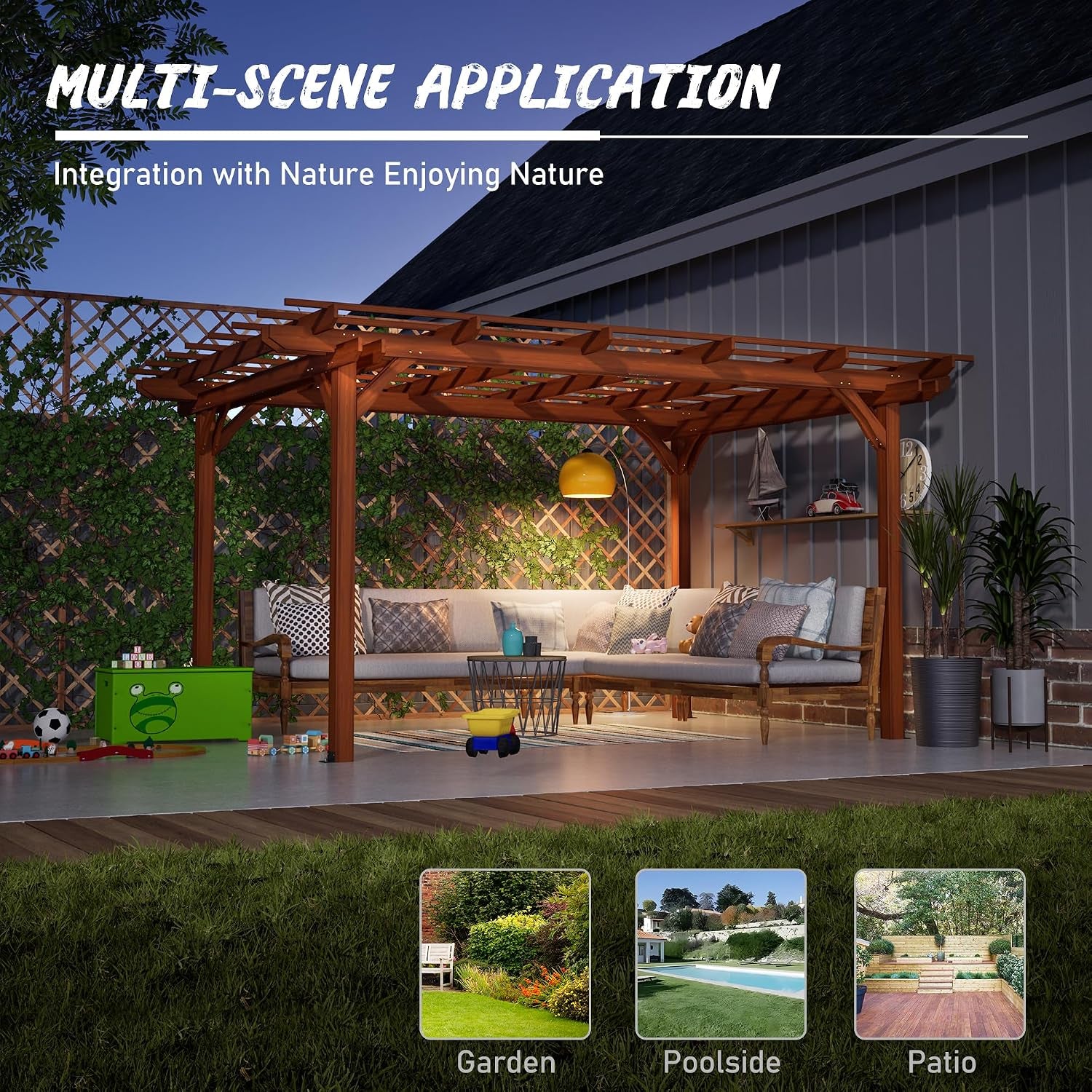 12 X 10 FT Outdoor Wood Pergola, Wooden Grape Trellis for Climbing Plant Support, Garden, Patio, Backyard, Deck, Brown