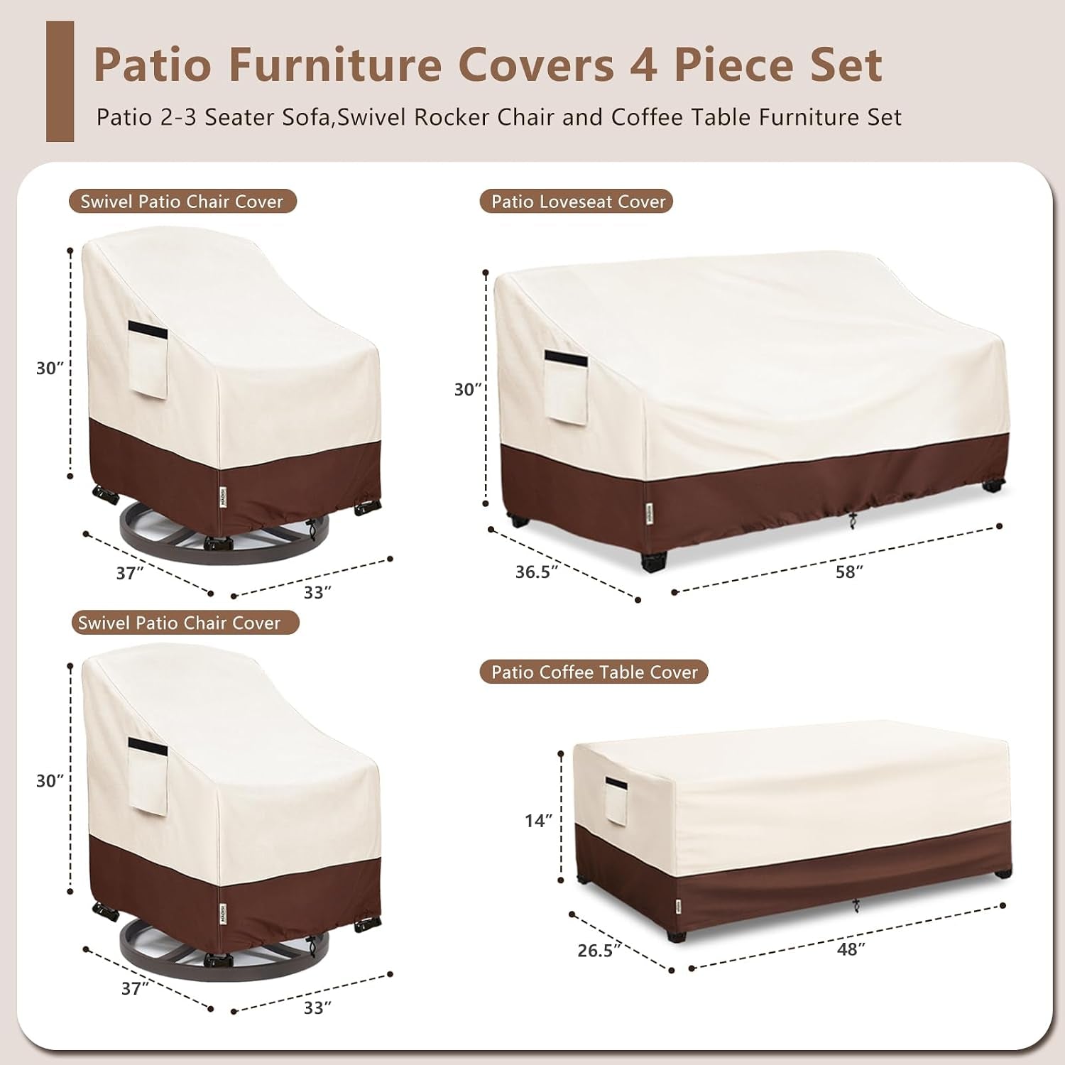 Patio Furniture Covers Set 4 Piece,600D Heavy Duty Outdoor Furniture Covers Waterproof for Outdoor Couch,Lawn Chair, Coffee Table(Medium,Beige)