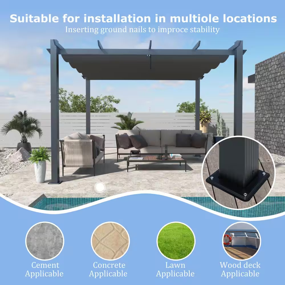 10 Ft. X 10 Ft. Dark Grey Aluminum Outdoor Patio Pergola with Retractable Sun Shade Canopy Cover