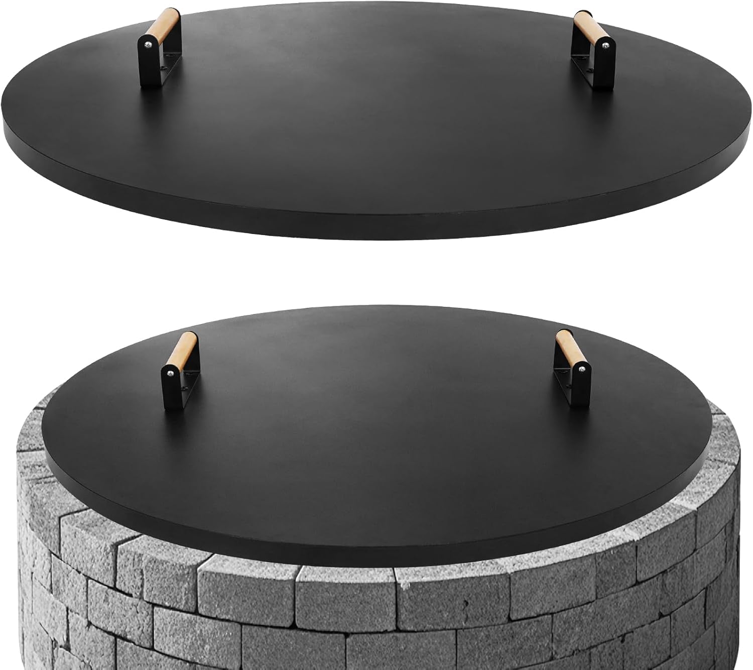 Firepit Lid round 38 Inch - Rust Resistant Fire Pit Lid Cover with Wooden Handle & Gloves, Fire Pit Snuffer Lid for Courtyards, Patio, Winter Cold Protection. Fits Fire Pits up to 36"