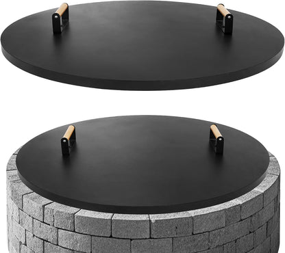 Firepit Lid round 38 Inch - Rust Resistant Fire Pit Lid Cover with Wooden Handle & Gloves, Fire Pit Snuffer Lid for Courtyards, Patio, Winter Cold Protection. Fits Fire Pits up to 36"
