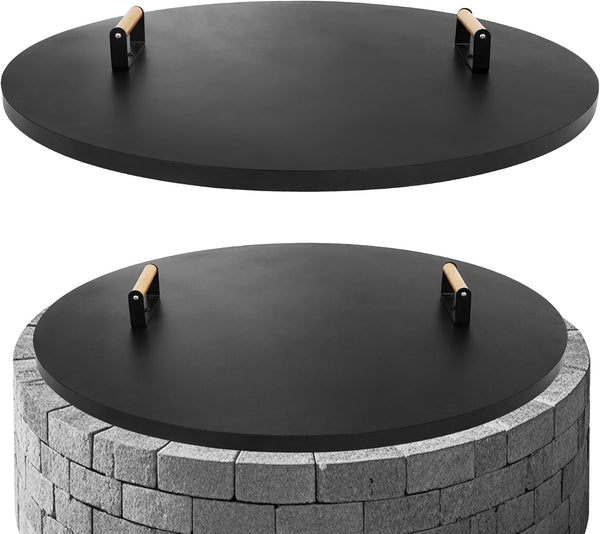 Firepit Lid round 38 Inch - Rust Resistant Fire Pit Lid Cover with Wooden Handle & Gloves, Fire Pit Snuffer Lid for Courtyards, Patio, Winter Cold Protection. Fits Fire Pits up to 36"