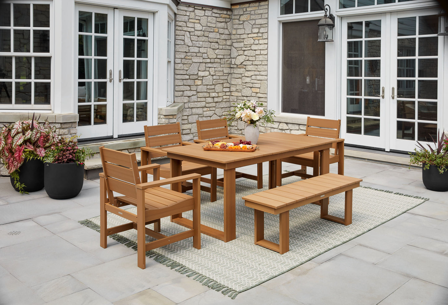 Ezra 6-Piece Outdoor HDPE Dining Set with Bench, Teak