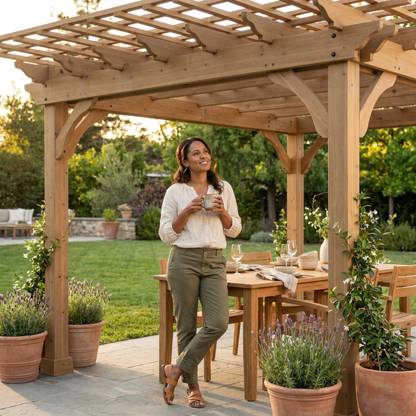 Wood Pergola Built to Extend Outdoor Living, FSC Certified Cedar, 10x10 Base, Crisscross Trellis Design
