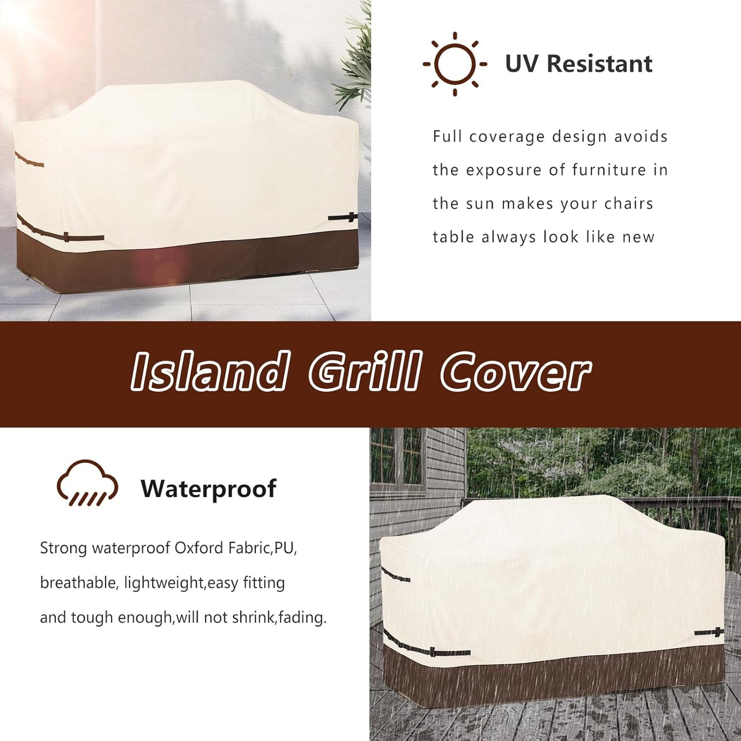 98 Inch Island Grill Cover - 600D Heavy Duty Waterproof All Weather Protection Extra Large Grill Cover,Beige & Brown