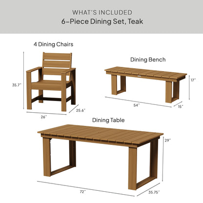 Ezra 6-Piece Outdoor HDPE Dining Set with Bench, Teak