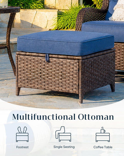 Luxurious 7 Piece Patio Furniture Set with Fire Pit Table, High Back Swivel Rocker Glider Outdoor Chairs with 6" Blue Cushion, All-Weather Patio Conversation Set for Yard Garden Brown Wicker