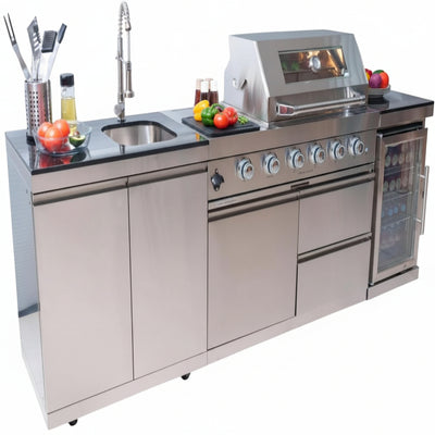 BBQ Island Outdoor Kitchen Kits, 4-Burner 72000 BTU Stainless Steel Modular 98 Inch Natural Gas Outdoor Kitchen Bar Barbecue Island Grill with Refrigerator and Sink for Patio Backyard