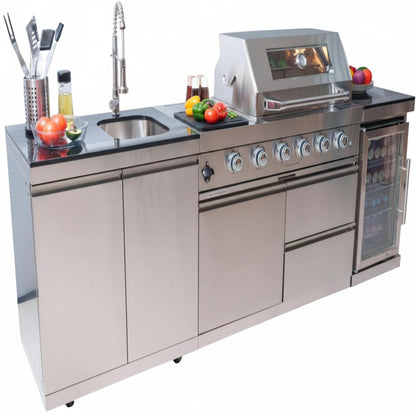BBQ Island Outdoor Kitchen Kits, 4-Burner 72000 BTU Stainless Steel Modular 98 Inch Natural Gas Outdoor Kitchen Bar Barbecue Island Grill with Refrigerator and Sink for Patio Backyard