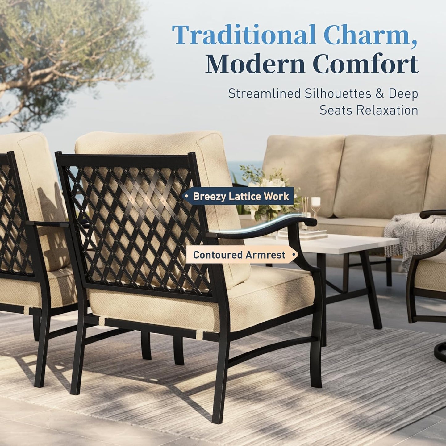 Patio Furniture Set, Modern Metal Outdoor Patio Furniture, 3 Seater Sofa, 2 Swivel Chairs, 2 Ottomans and 5.75" Extra Thick Cushion, Patio Conversation Set for Garden Backyard Deck