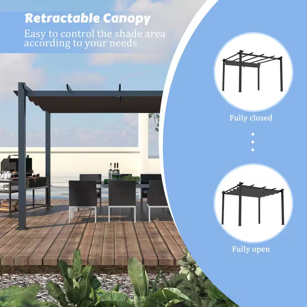 10 Ft. X 10 Ft. Dark Grey Aluminum Outdoor Patio Pergola with Retractable Sun Shade Canopy Cover