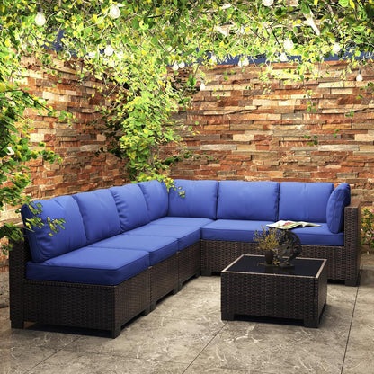 7 Pieces Outdoor Patio Furniture Sets, Rattan Conversation Set with Sectional Sofa, Chairs and Coffee Table, Waterproof Patio Conversation Sets (Brown & Navy Blue)