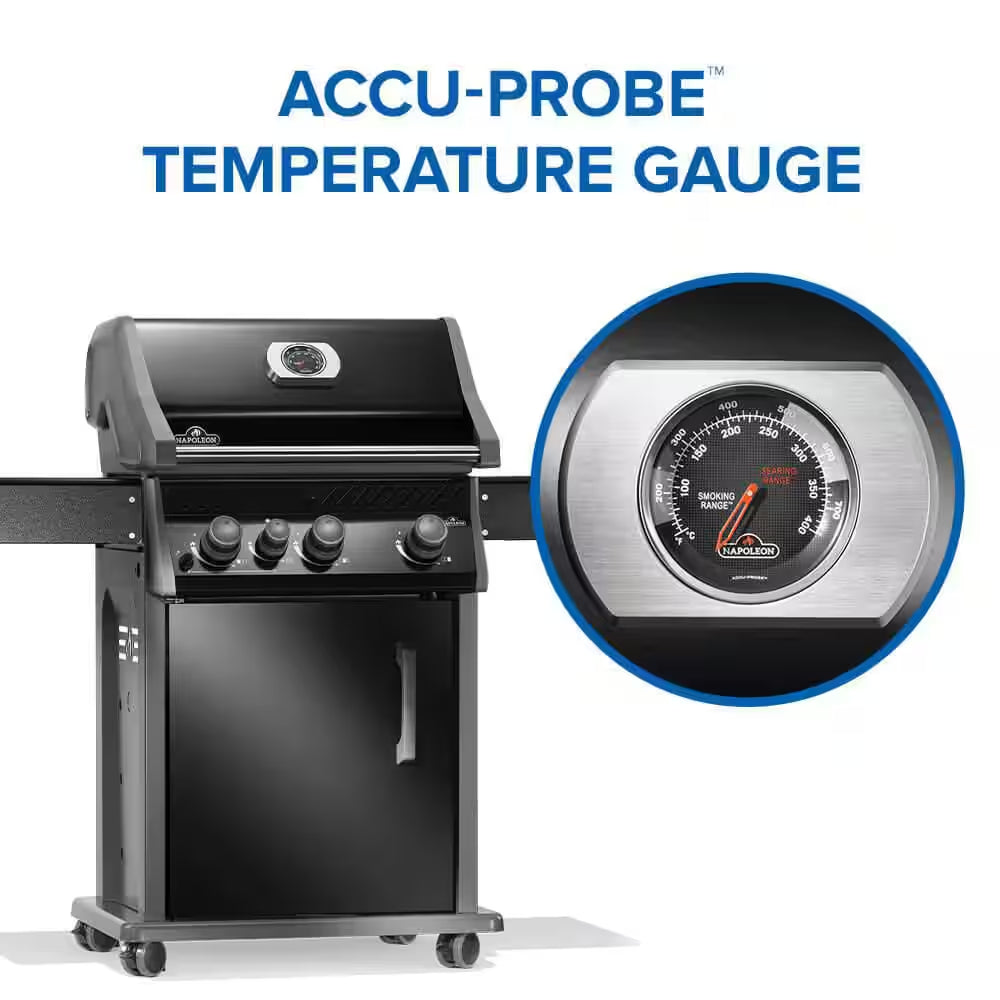 Rogue 425 3-Burner Propane Gas Grill in Black with Cast Iron Cooking Grids and Range Side Burner