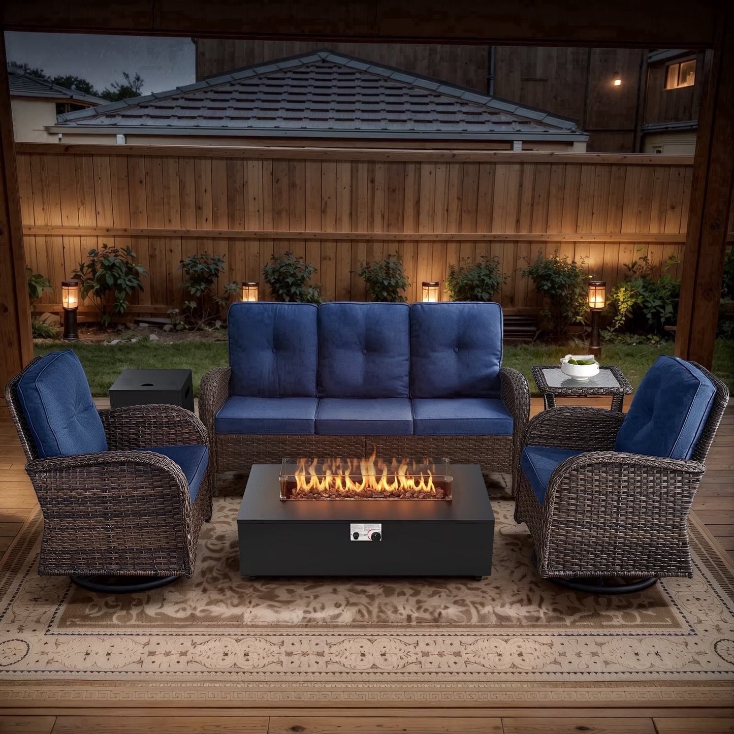 5PCS Outdoor Patio Furniture Set with Fire Pit Table, Brown Wicker Patio Furniture Couch Outdoor Swivel Chair and 43" Propane Firepit Table
