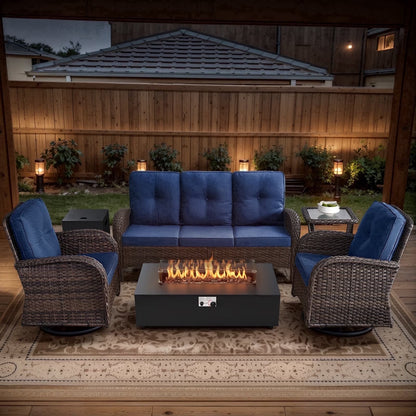 5PCS Outdoor Patio Furniture Set with Fire Pit Table, Brown Wicker Patio Furniture Couch Outdoor Swivel Chair and 43" Propane Firepit Table