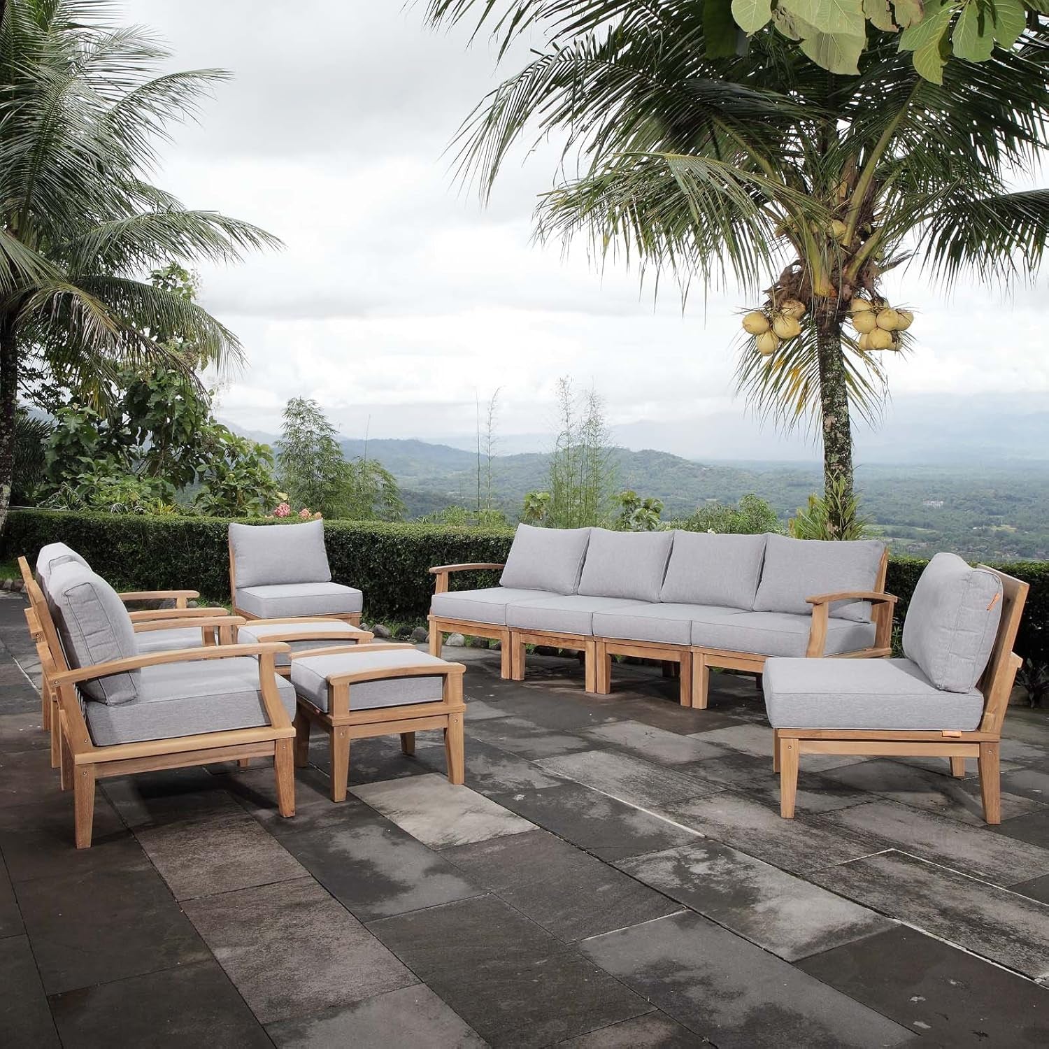 EEI-1489-NAT-GRY-SET Marina Premium Grade a Teak Wood Outdoor Patio Furniture Set, 10 Piece, Natural Gray