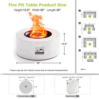 Outdoor Fire Pit Table Gas Fire Pits, 30 In. round Firepit Table, 50,000 BTU Fire Table for Patio, White with Black Dots