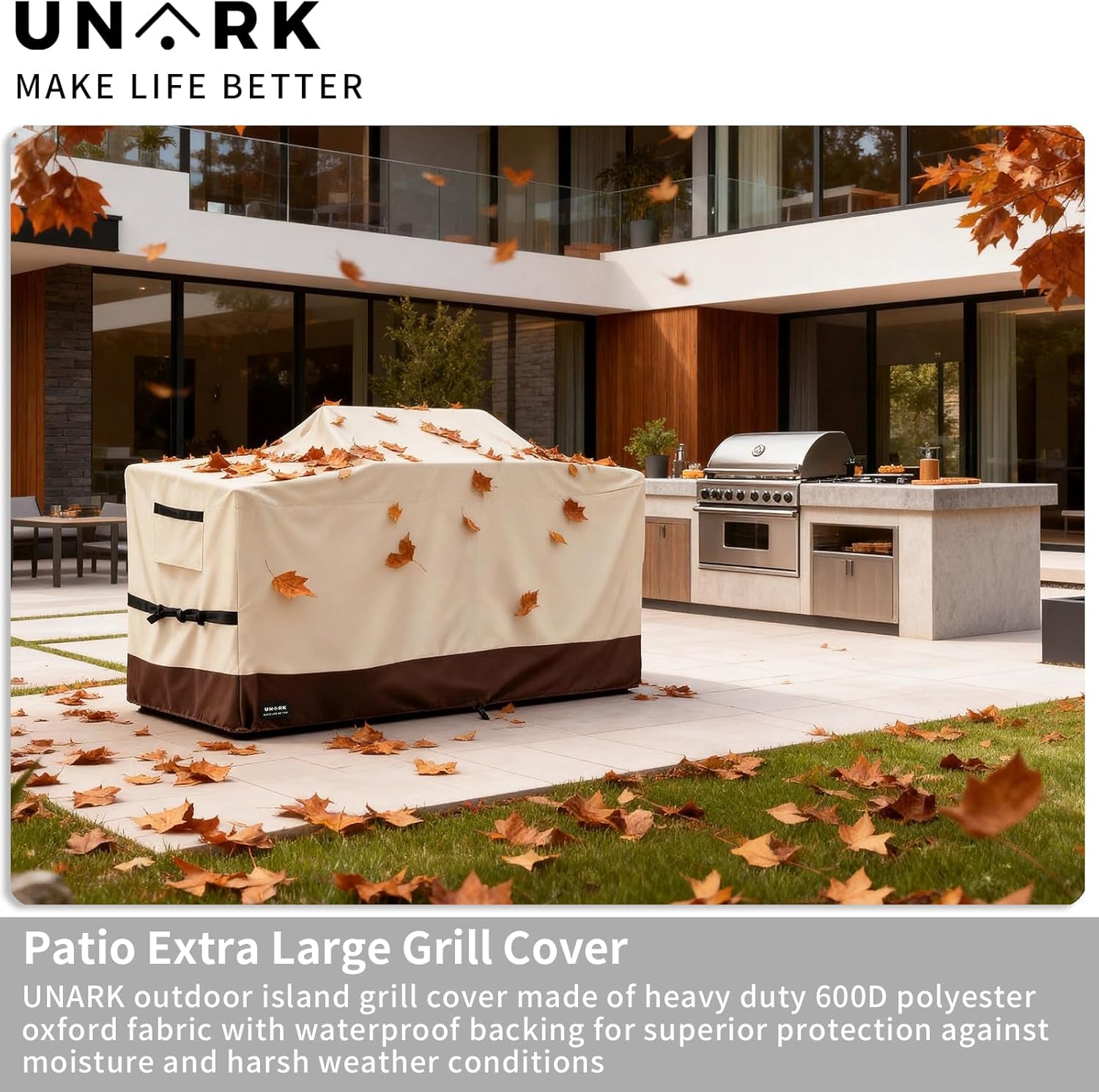 86 Inch Extra Large Grill Cover Kitchen Island Cover Large Island Grill Cover for Outdoor Grill Outdoor Kitchen Cover Heavy Duty Waterproof 86" L X 42" W X 48" H, Beige and Brown