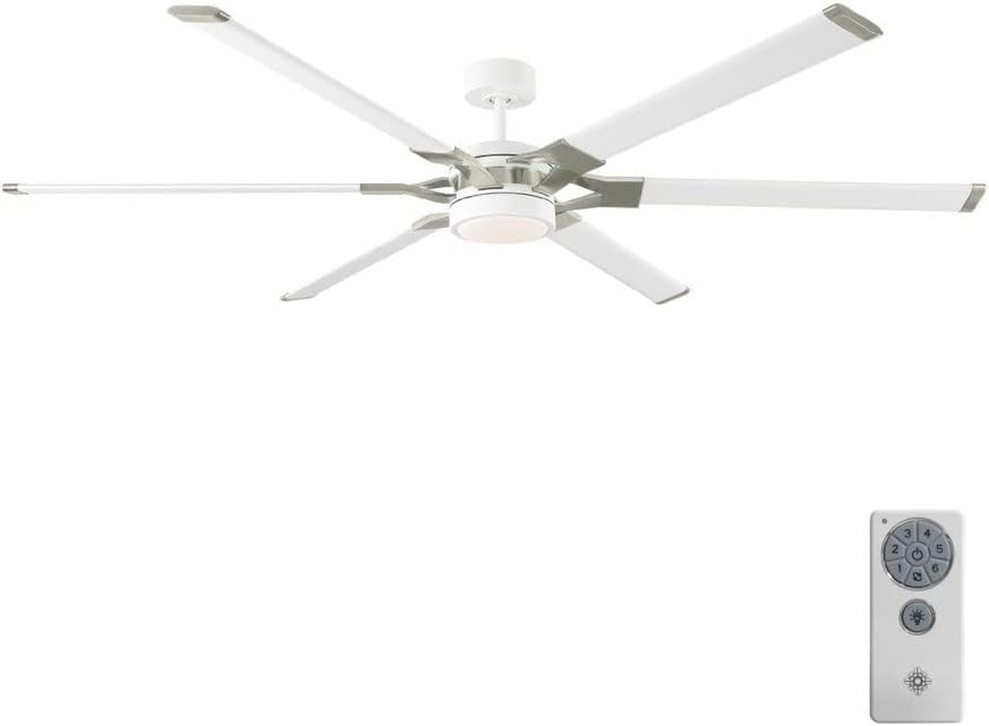 6LFR72RZWBBSD Loft Industrial 72" Outdoor/Indoor Damp Ceiling Fan with LED Lights and Remote Control, 6 Aluminum Blades with Burnished Brass Arms, Matte White