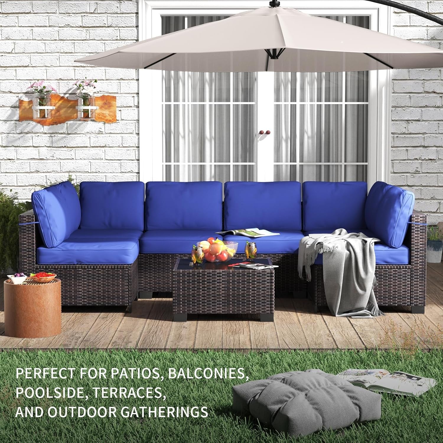7 Pieces Outdoor Patio Furniture Sets, Rattan Conversation Set with Sectional Sofa, Chairs and Coffee Table, Waterproof Patio Conversation Sets (Brown & Navy Blue)