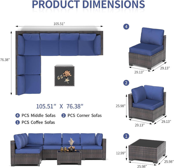 7 Pieces Outdoor Patio Furniture Sets, Rattan Conversation Set with Sectional Sofa, Chairs and Coffee Table, Waterproof Patio Conversation Sets (Brown & Navy Blue)