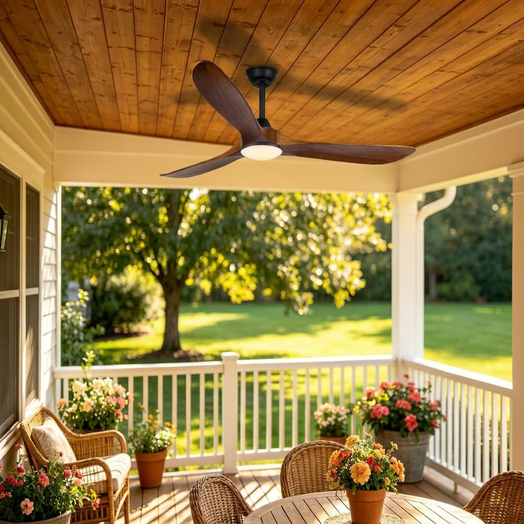 60 Inch Outdoor Ceiling Fan for Patios with Light, Farmhouse Style | 3 Blades Wood Ceiling Fan, Damp Rated Large Airflow Commercial Ceiling Fans for Exterior House Porch Gazebo