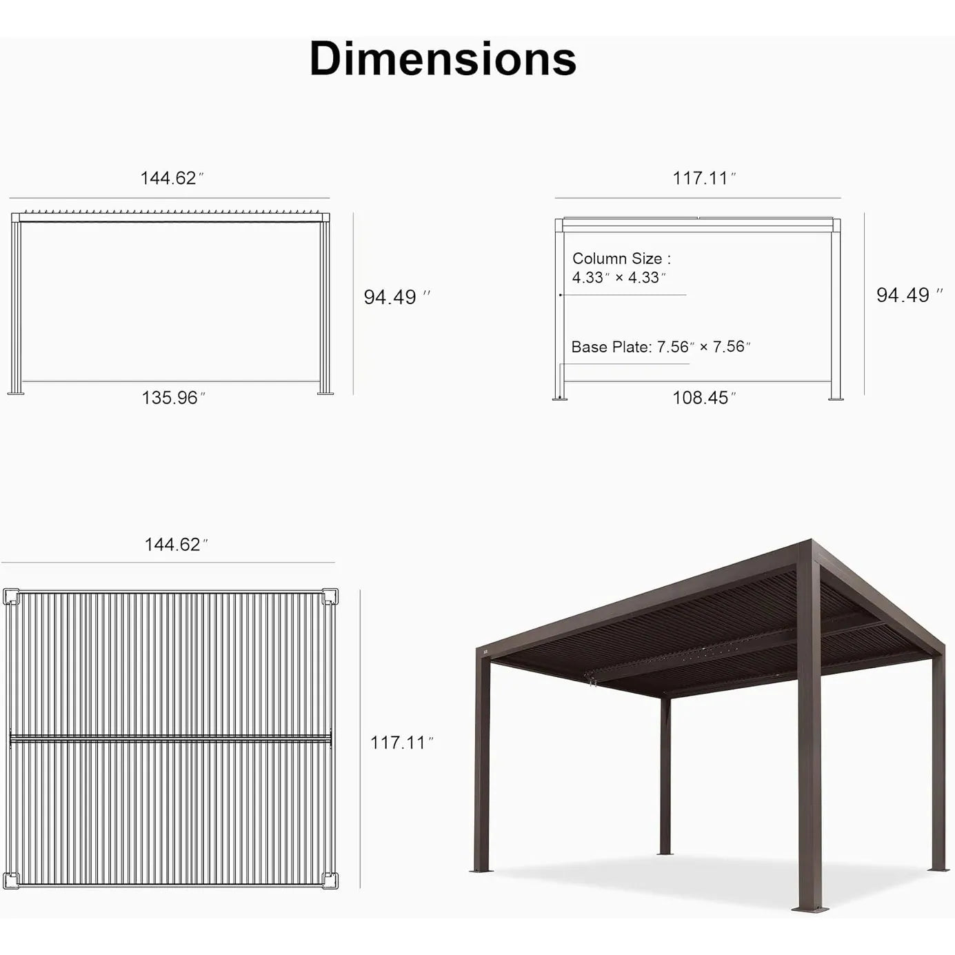 Bronze Louvered Pergola with Adjustable Roof for Deck Backyard Garden Hardtop Gazebo