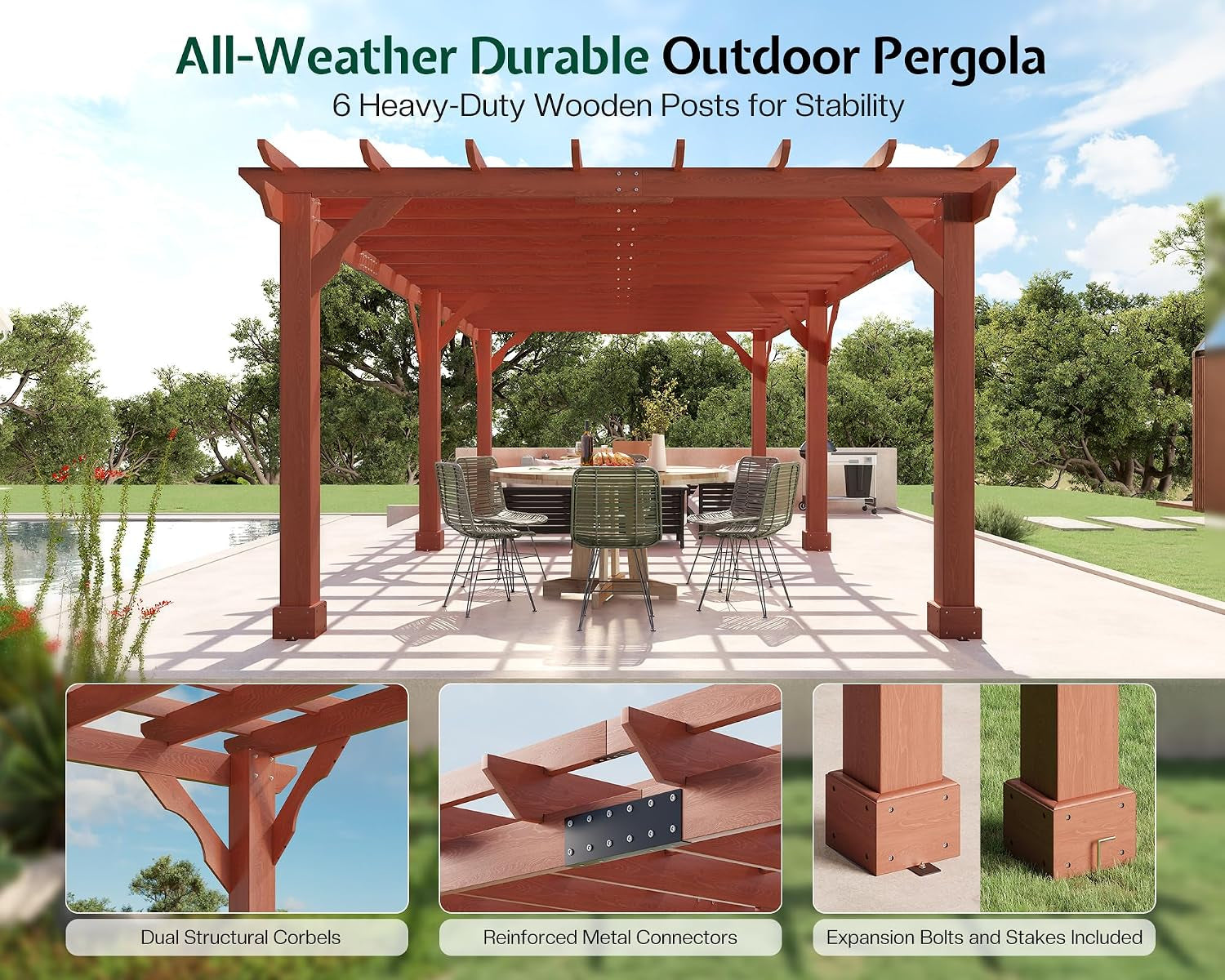 12X24 FT Premium Cedar Wood Pergola with Trellis Roof & Weather-Resistant Support, Outdoor Pergola Kit with Stakes, Garden Gazebo for Patio, Backyard & Events, Reddish-Brown