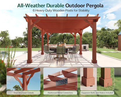 12X24 FT Premium Cedar Wood Pergola with Trellis Roof & Weather-Resistant Support, Outdoor Pergola Kit with Stakes, Garden Gazebo for Patio, Backyard & Events, Reddish-Brown