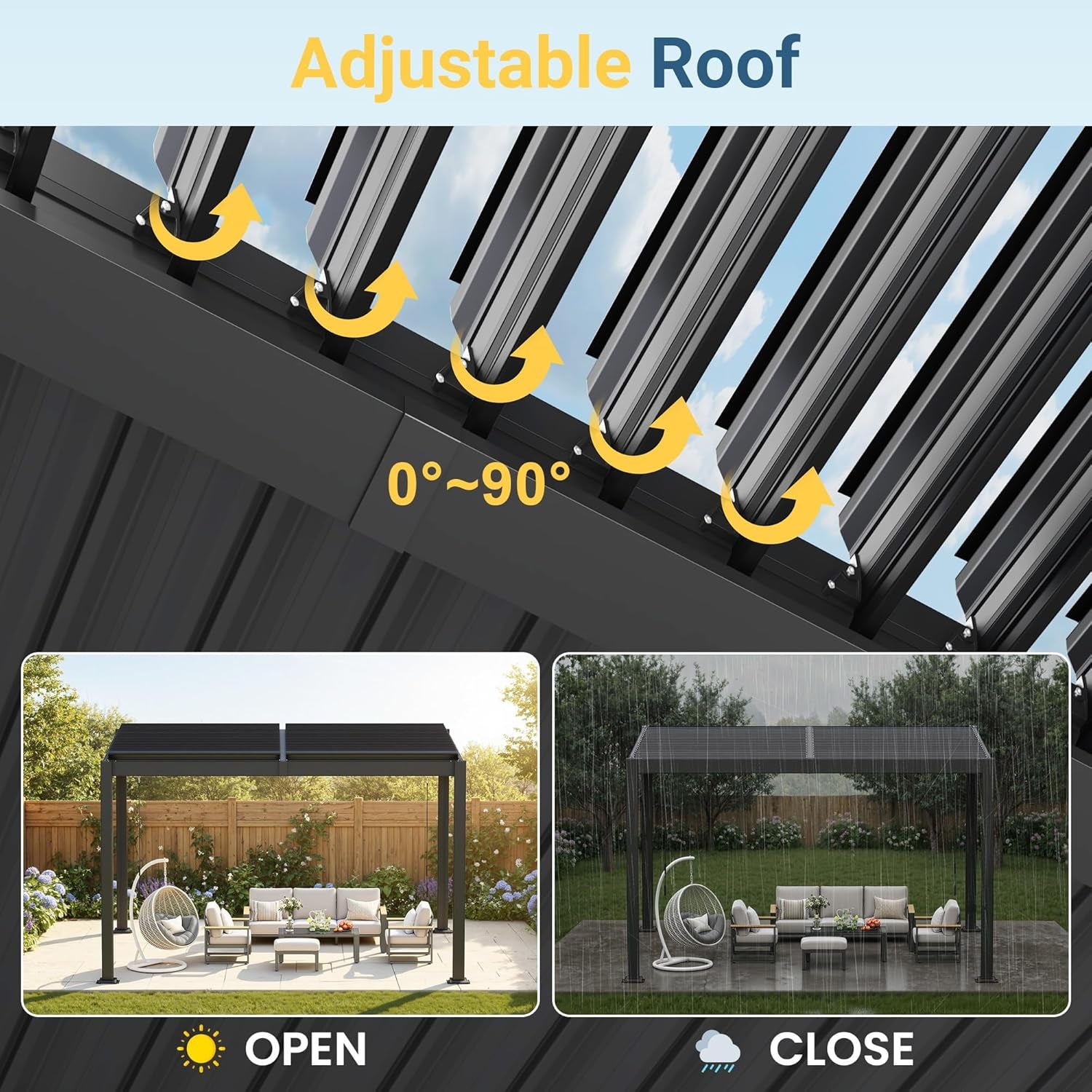 10' X 12' Louvered Pergola, Aluminum Frame Outdoor Pergola with Adjustable Louvered Roof & Integrated Gutter System, Hardtop Patio Gazebo for Backyard, Deck, Garden, Dark Gray