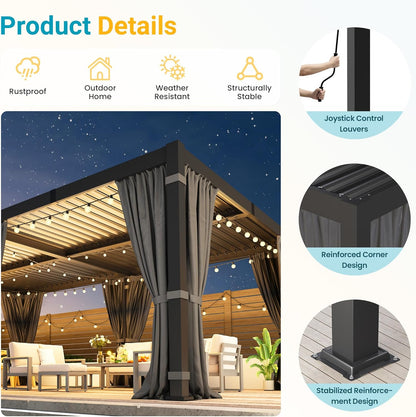 12' X 20' Louvered Pergola, Outdoor Pergola with Curtains & Netting, Aluminum Frame Patio Pergola with Adjustable Louvers Roof & Gutter System, Hardtop Gazebo for Patio, Deck, Garden, Yard, Dark Gray