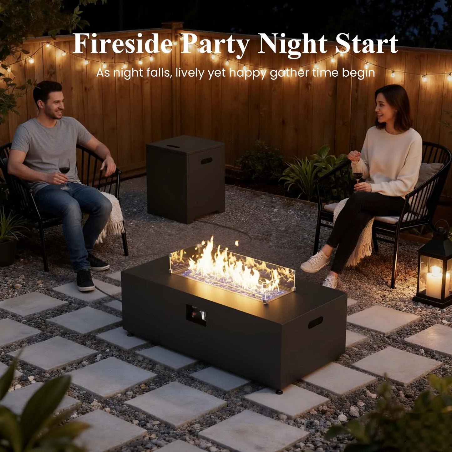 42 Inch Outdoor Fire Pit Table for outside Patio, 55000BTU Rectangle Propane Firepit with Hidden Fuel Tank, Glass Wind Guard, Waterproof Cover and Lid