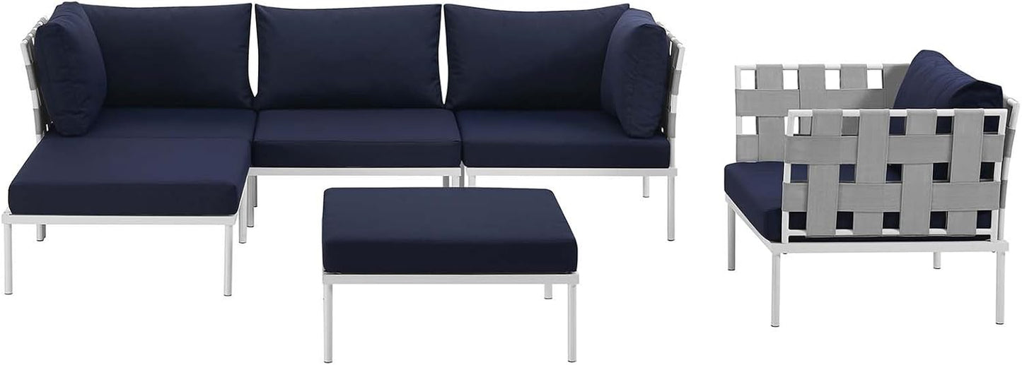 Harmony Aluminum Outdoor Patio Furniture 6-Piece Sectional Sofa Set in White Navy