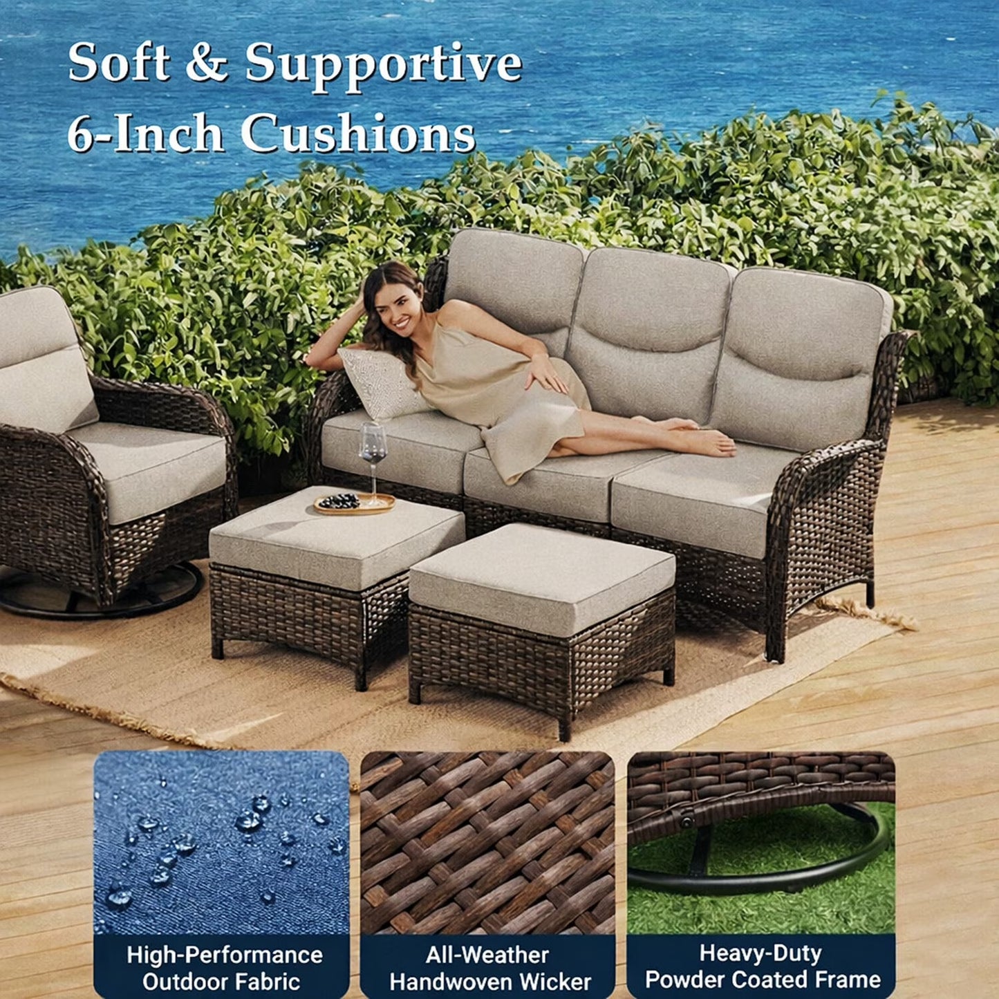 9-Piece Outdoor Patio Furniture Set with Fire Pit Table,Swivel Chairs and 6" Thick Cushions,Sectional Sofa and Ottomans,Patio Conversation Set for Porch Deck Garden Backyard