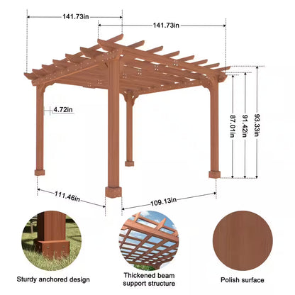12 Ft. W X 12 Ft. D Cedar Wood Patio Pergola Shade Structure for Outdoor, Brown