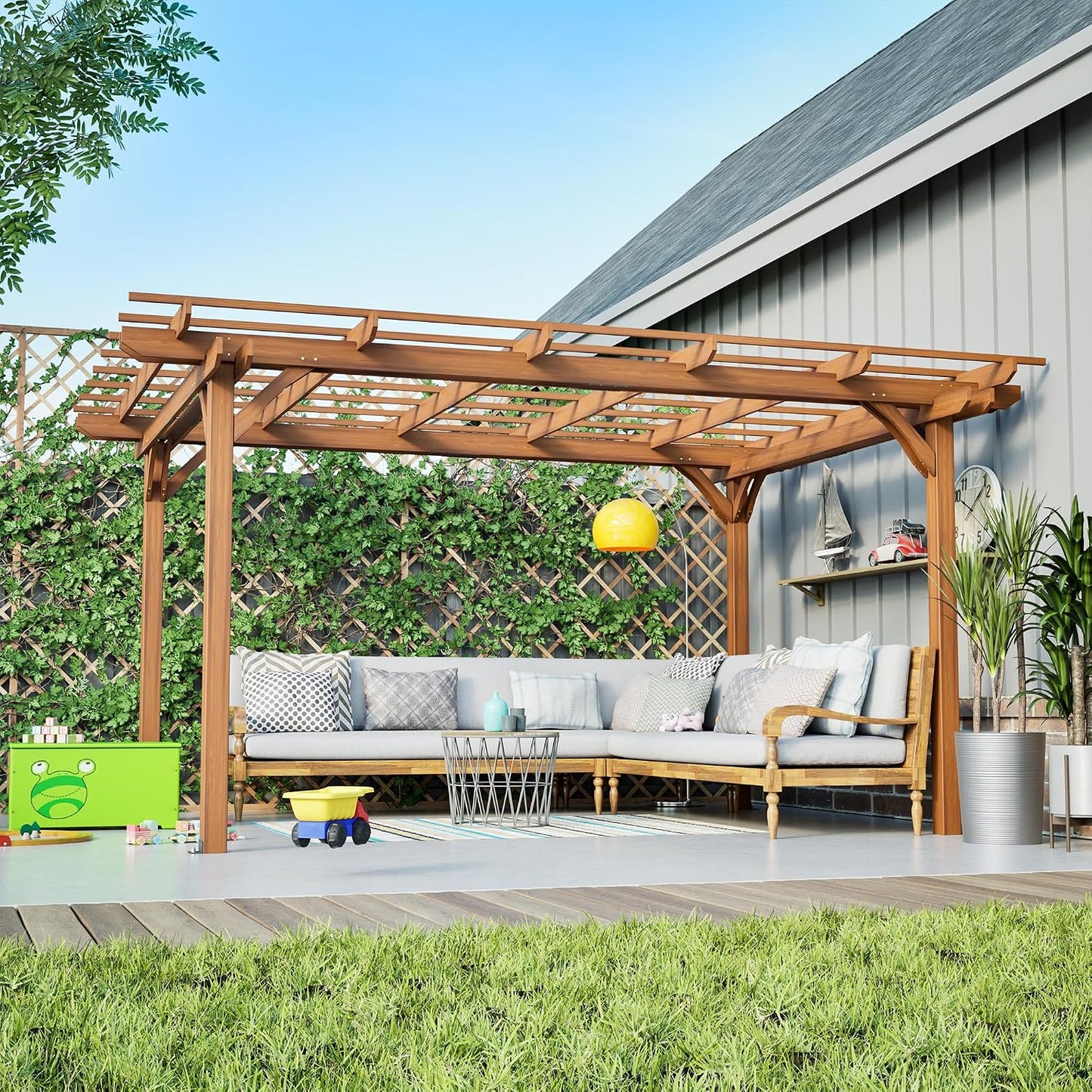 12 X 10 FT Outdoor Wood Pergola, Wooden Grape Trellis for Climbing Plant Support, Garden, Patio, Backyard, Deck, Brown