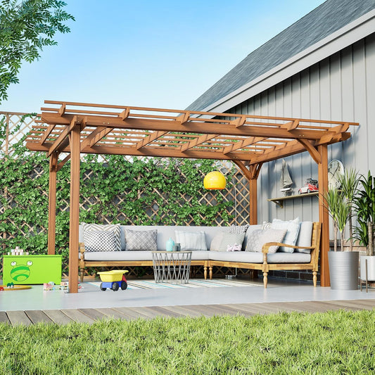 12 X 10 FT Outdoor Wood Pergola, Wooden Grape Trellis for Climbing Plant Support, Garden, Patio, Backyard, Deck, Brown
