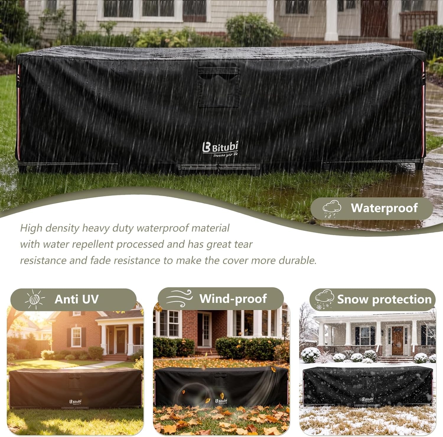 Bitubi Rectangular Patio Table Cover - Heavy Duty 600D Tough Canvas Waterproof Outdoor Dining Table and Chairs Universal Furniture Cover Size 111L X 74W X 28H Inch, Black