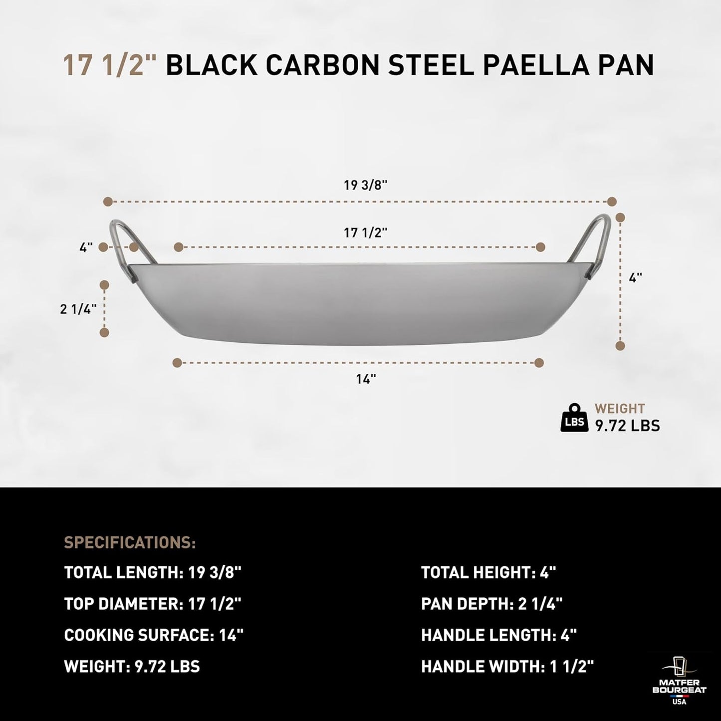 Bourgeat Black Carbon Steel Paella Pan, 17 1/2"