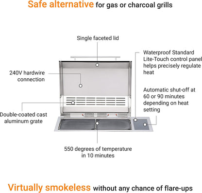 Texan Built-In Electric Grill with Faceted Single Piece Lid and Standard Lite Touch Control, Stainless Steel Body, Ul-Approved for Use Indoors and Outdoors, No-Flame Grill, 240 Volts