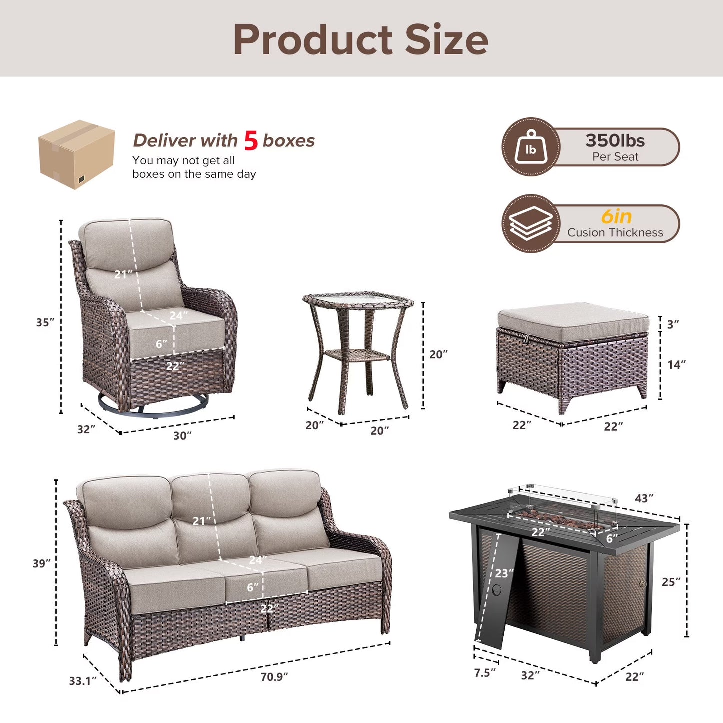 9-Piece Outdoor Patio Furniture Set with Fire Pit Table,Swivel Chairs and 6" Thick Cushions,Sectional Sofa and Ottomans,Patio Conversation Set for Porch Deck Garden Backyard