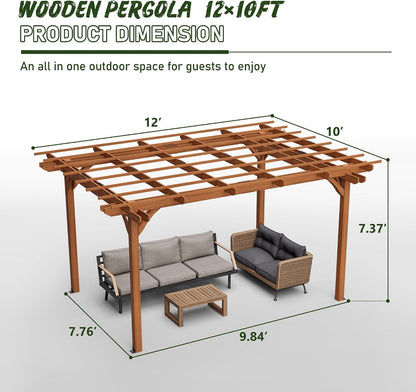 12 X 10 FT Outdoor Wood Pergola, Wooden Grape Trellis for Climbing Plant Support, Garden, Patio, Backyard, Deck, Brown