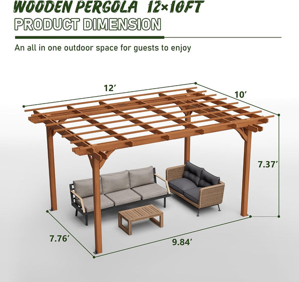 12 X 10 FT Outdoor Wood Pergola, Wooden Grape Trellis for Climbing Plant Support, Garden, Patio, Backyard, Deck, Brown
