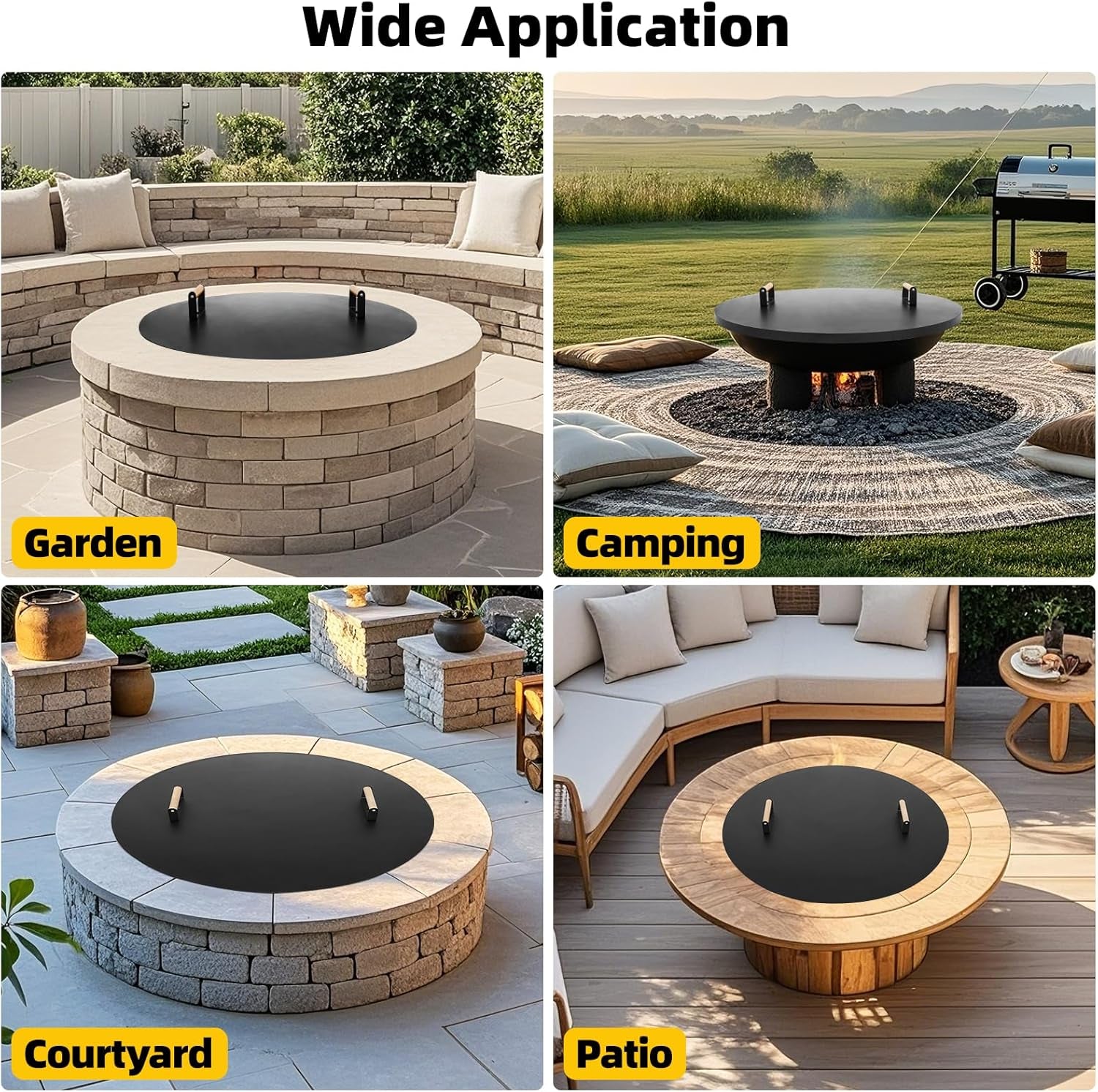 Firepit Lid round 38 Inch - Rust Resistant Fire Pit Lid Cover with Wooden Handle & Gloves, Fire Pit Snuffer Lid for Courtyards, Patio, Winter Cold Protection. Fits Fire Pits up to 36"