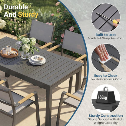Aluminum Outdoor Patio Table and Chairs Set with 91.7" L-62 L Expandable Dining Table, 9-Pieces Outdoor Dining Set for 8, Patio Furniture Set with Stackable Quick Drying Chairs, Grey